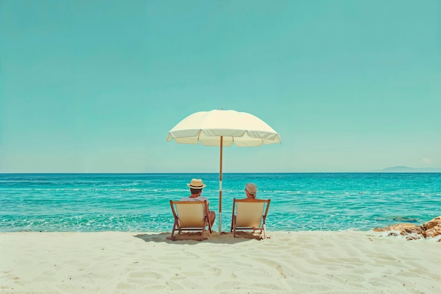 Photo un couple assis sous un parapluie sur la plage ai générative