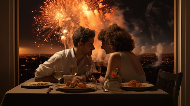 un couple assis à une table avec des feux d'artifice en arrière-plan.