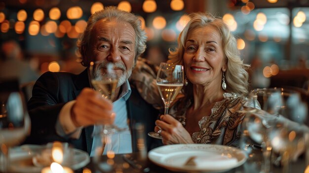 Photo un couple assis à table avec des verres à vin