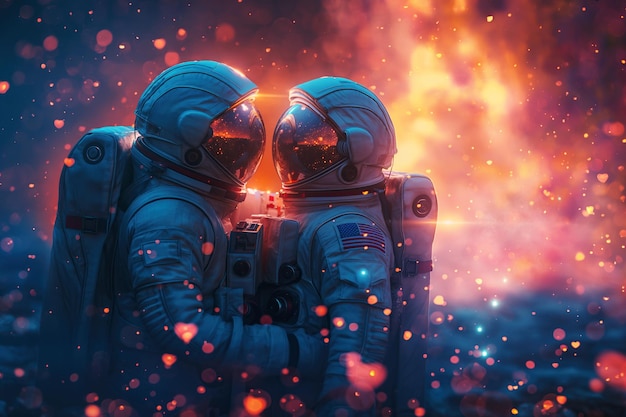 Un couple d'astronautes amoureux s'embrassent dans l'espace. Un homme et une femme cosmonautes en combinaison spatiale dans la galaxie.