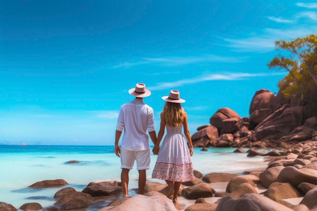 couple attrayant posant sur une plage près d'un grand récif