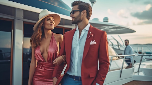 Un couple attrayant et riche célèbre sur un bateau avec l'IA générative