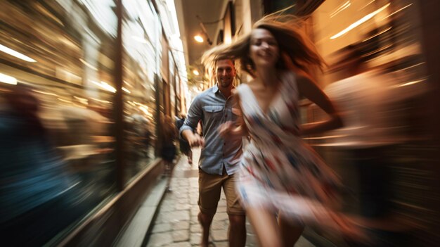 Un couple au mouvement flou dans une rue commerçante.