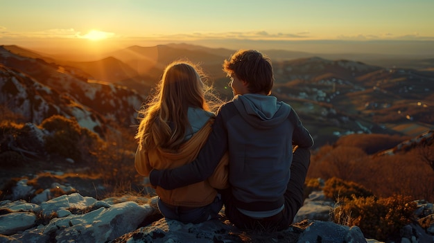 Un couple au sommet d'une montagne regarde le coucher de soleil immergé dans un paysage naturel