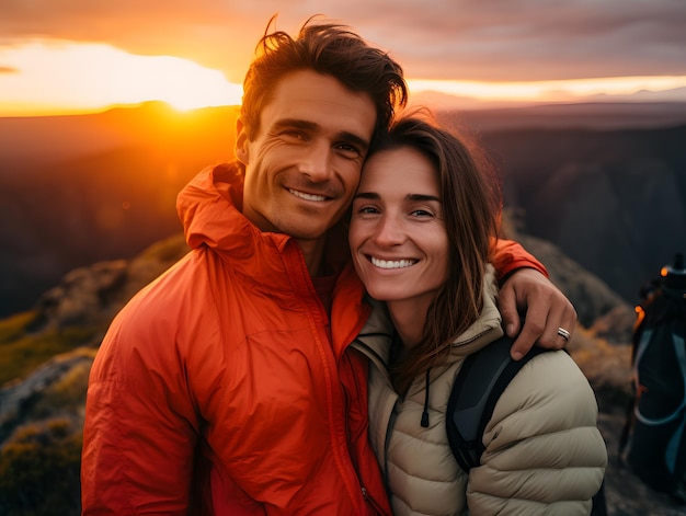 Un couple d'aventuriers dans la nature écrit son histoire devant un coucher de soleil vibrant