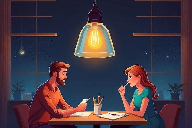 Couple ayant une idée Mari et femme ont une solution adulte homme et femme résolu problème ou idées métaphore de lampe