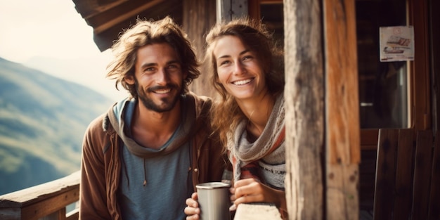 Un couple sur le balcon d'une cabane de montagne souriant IA générative