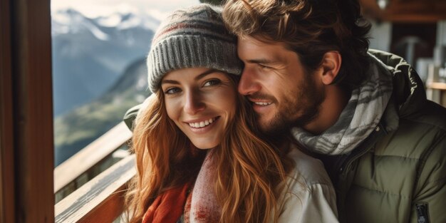 Un couple sur le balcon d'une cabane de montagne souriant IA générative