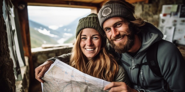 Un couple sur le balcon d'une cabane de montagne souriant IA générative
