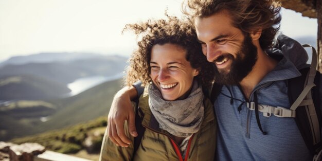 Un couple sur le balcon d'une cabane de montagne souriant IA générative