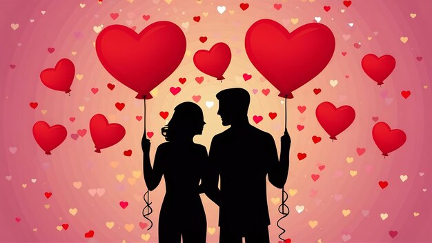Un couple avec des ballons de cœur le jour de la Saint-Valentin