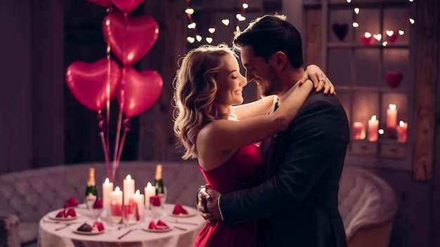 Un couple avec des ballons de cœur le jour de la Saint-Valentin