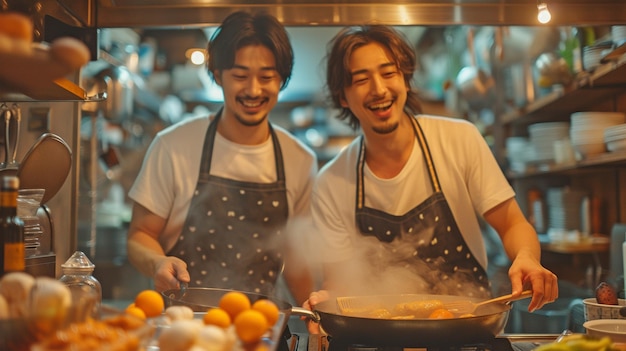 Un couple de beaux hommes asiatiques, tous deux vêtus de façon décontractée et portant un tablier, cuisinent ensemble dans la cuisine de leur maison tout en rayonnant de joie.