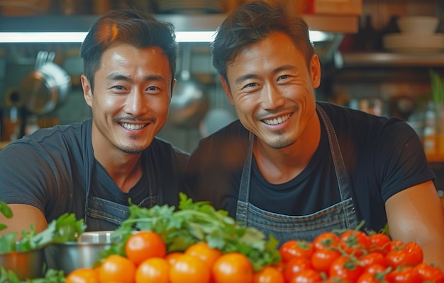 Un couple de beaux hommes asiatiques, tous deux vêtus de façon décontractée et portant un tablier, cuisinent ensemble dans la cuisine de leur maison tout en rayonnant de joie.