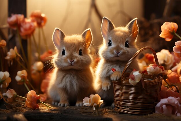 Un couple de beaux lapins avec un panier d'œufs de Pâques et des fleurs de printemps