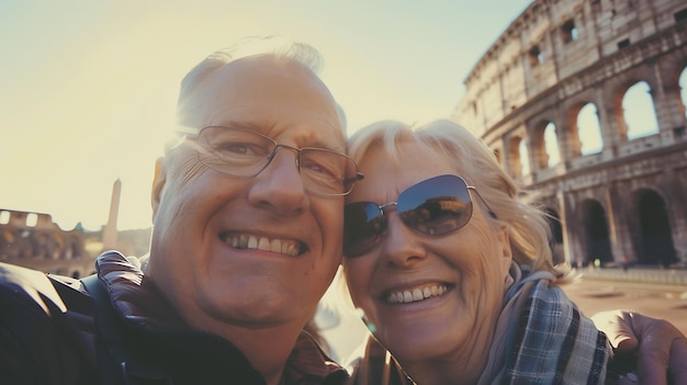 Photo un couple blanc heureux prend un selfie en souriant à la caméra devant l'ia générative de couleur