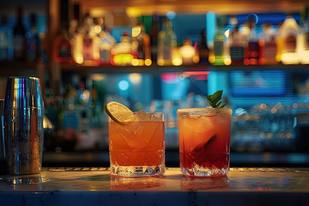 Photo un couple de boissons assis sur une table.