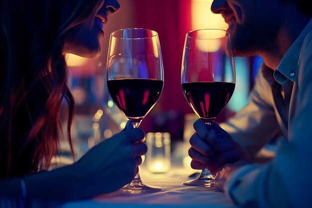 Un couple boit du vin lors d'un dîner aux bougies