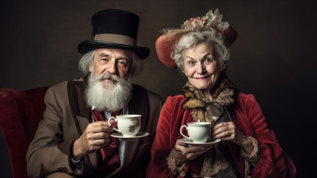 Un couple buvant du thé et souriant à la caméra