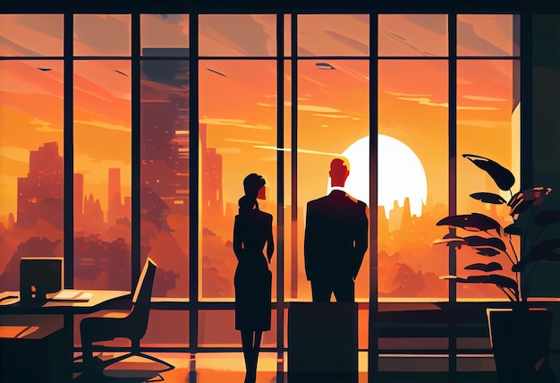 Un couple de cadres d'affaires par une grande fenêtre dans le bureau au coucher du soleil en faisant une pause du travail Générer Ai
