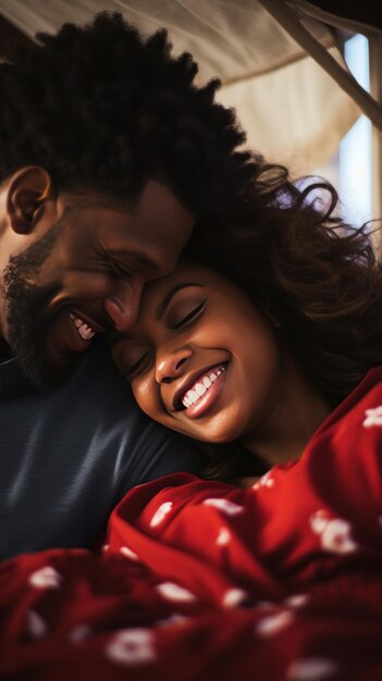 Photo un couple câliné dans le lit souriant et se regardant avec amour