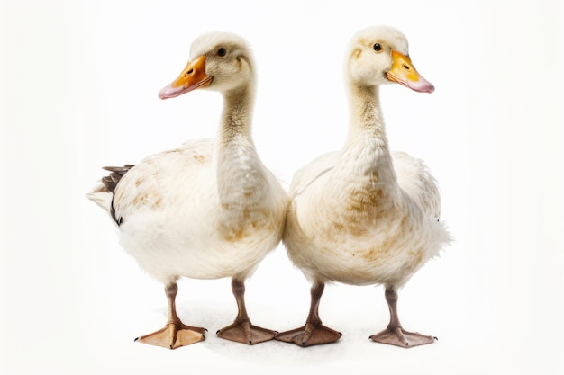 Un couple de canards debout l'un à côté de l'autre sur une surface blanche avec un fond blanc IA générative