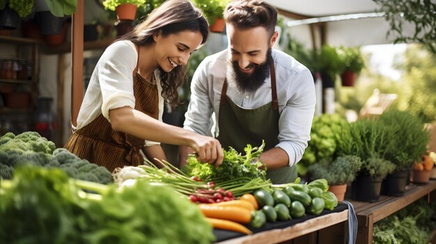 Photo un couple caucasien heureux dans un magasin de légumes et de fruits.