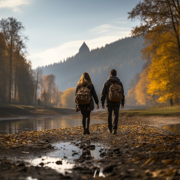 Couple caucasien en randonnée dans la forêt d'automne ensemble