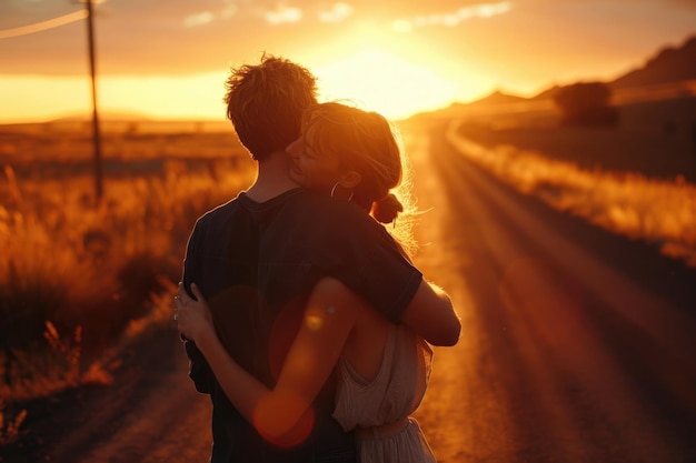 Un couple caucasien s'embrasse au bord de la route au coucher du soleil