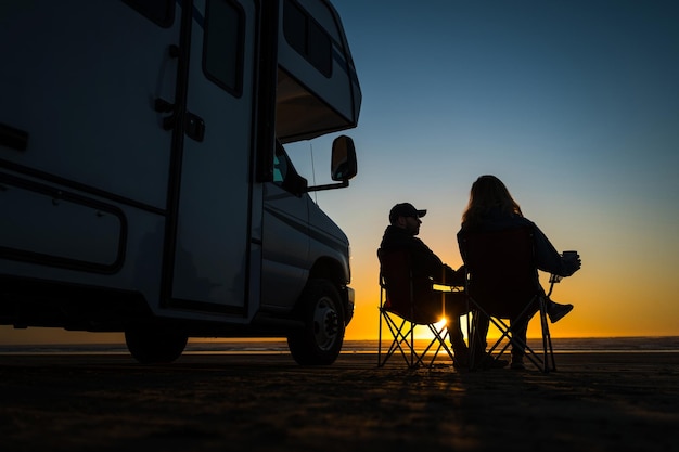 Un couple caucasien se détend à côté de son camping-car sur une plage