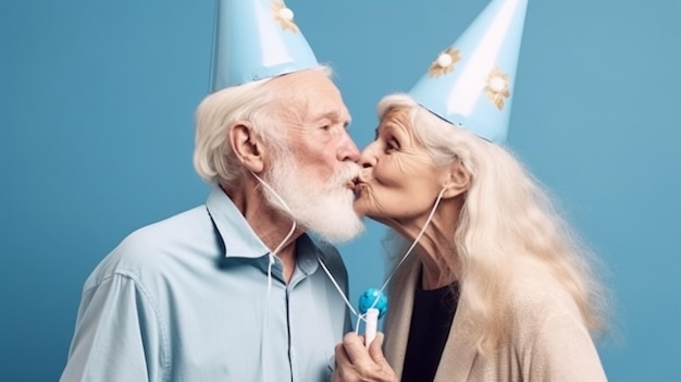 Un couple célébrant un anniversaire avec un chapeau bleu qui dit "joyeux anniversaire"