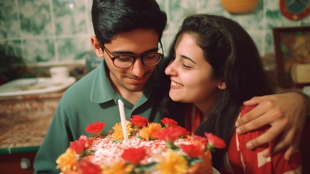 Un couple célébrant un anniversaire avec un gâteau avec une bougie dessus