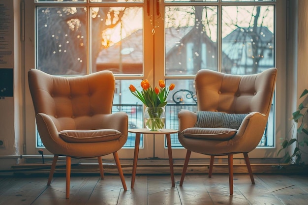 un couple de chaises assises à côté d'une fenêtre