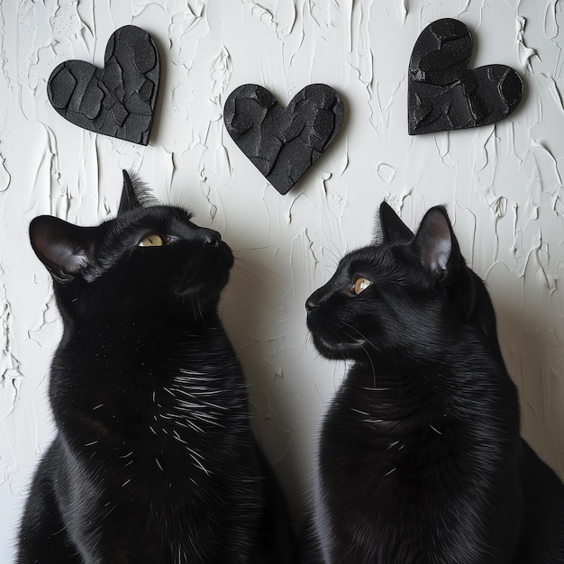 Couple de chats noirs amoureux de coeurs photo romantique