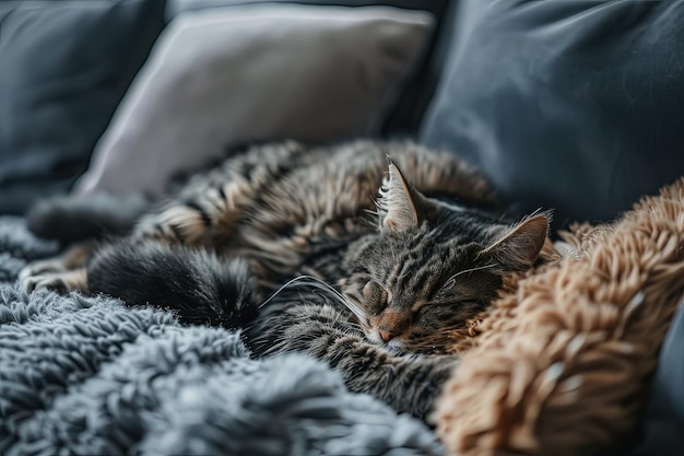 Un couple de chats qui dorment sur un canapé.