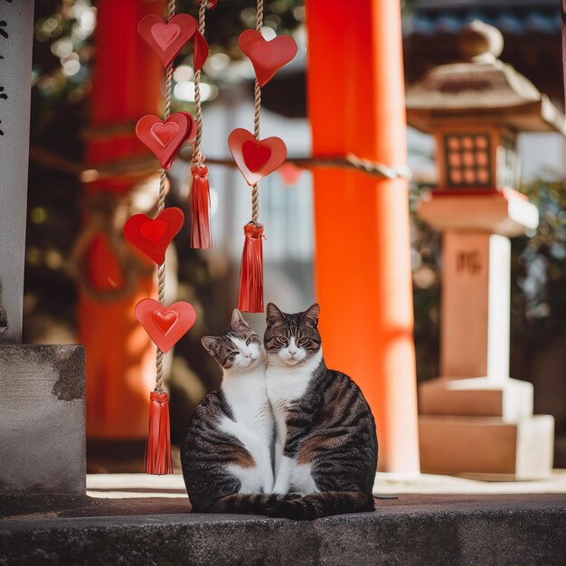 Photo un couple de chats romantiques avec des cœurs pour la saint-valentin.