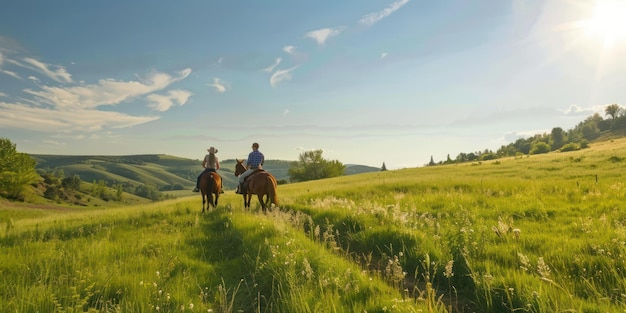 Un couple à cheval à travers des collines et des prairies