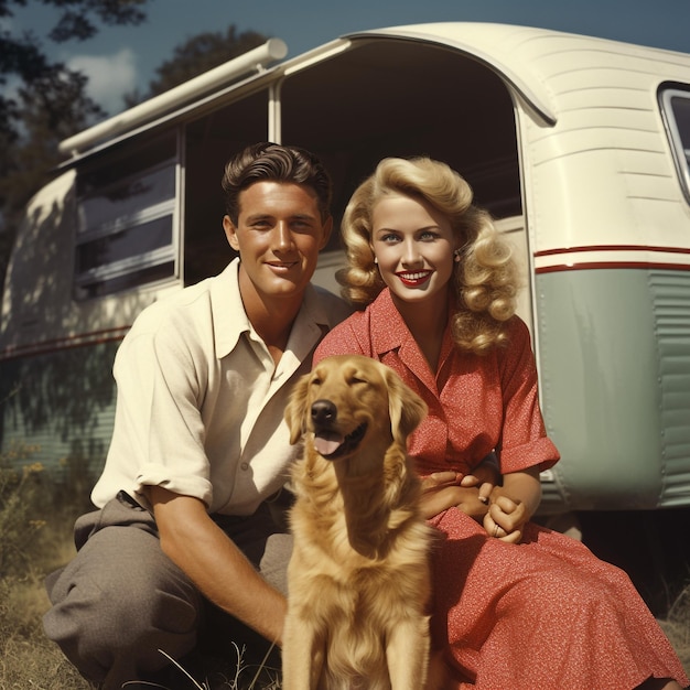 Photo un couple avec un chien et un chien devant une caravane
