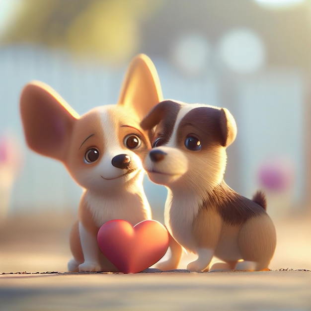 Couple de chiens mignons amoureux de coeurs illustration de rendu 3d