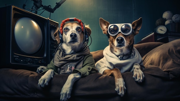 Un couple de chiens regardant la télévision.