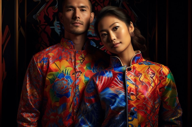 un couple chinois portant une robe traditionnelle moderne colorée