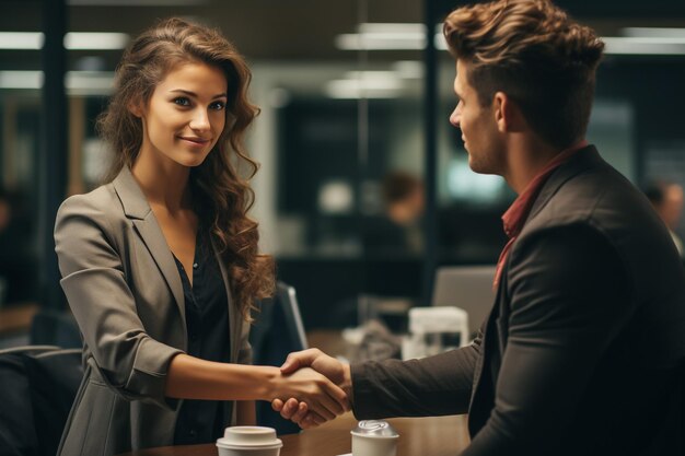 Un couple de clients fait un accord d'affaires, une poignée de main, un agent, un avocat.