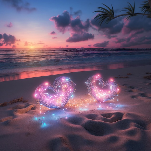 Photo un couple de coeurs sur une plage avec un palmier en arrière-plan.