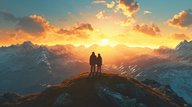 couple sur une colline face à l'autre témoignant du coucher du soleil derrière une gamme de neige générative ai