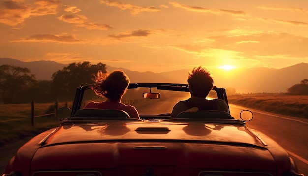 Photo un couple conduisant un décapotable avec le soleil qui se couche derrière eux