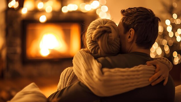 Un couple confortable est assis devant la cheminée le feu chaud craque et la pièce est remplie d'une lumière douce