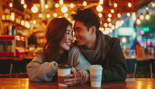 Un couple coréen à un rendez-vous dans un café.