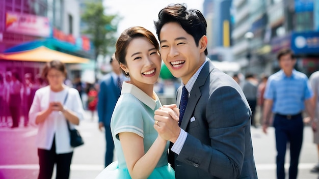 Un couple coréen souriant sur le gris