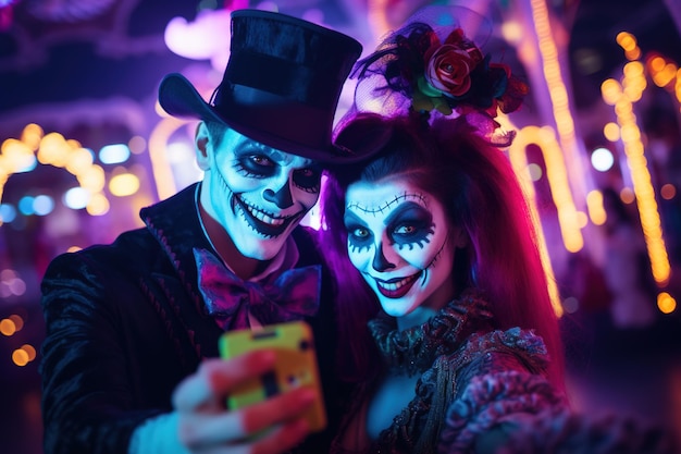 Un couple en costumes effrayants d'Halloween profite d'une soirée amusante pour capturer le moment avec un selfie