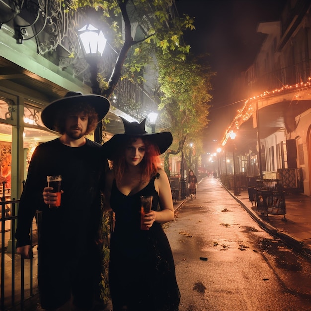 Couple avec des costumes d'Halloween prenant un selfie lors d'une fête célébrant avec des amis à la fête d'Halloween